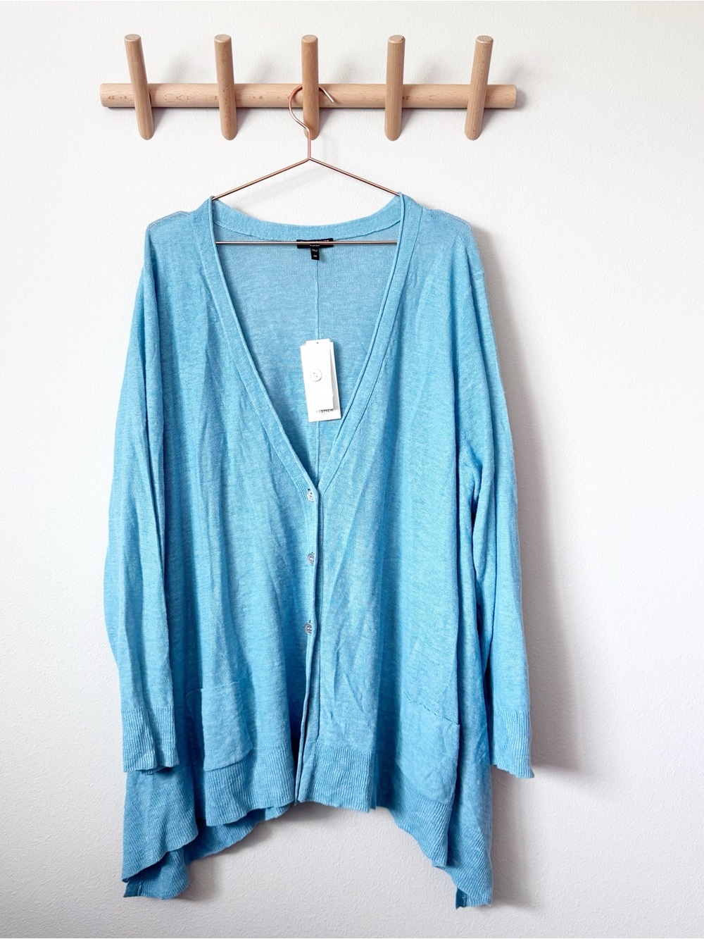 Eileen Fisher Babry Deep V Light Blue Lightweight Linen Button Cardigan NWT